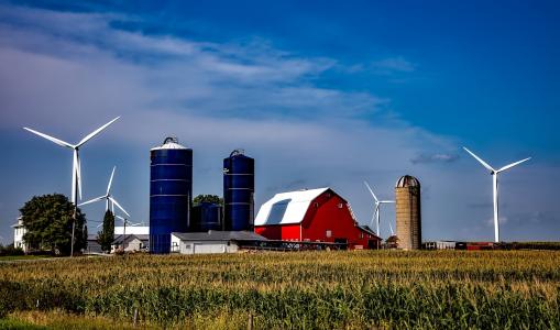 爱荷华州, 农场, 筒仓, 谷仓, 风力涡轮机, 能源, 绿色