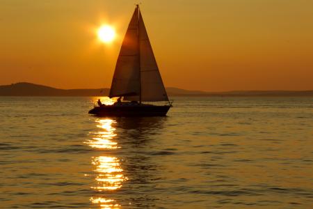 帆船, 日落, 海, 表面, 反思, 黄色, 夏季
