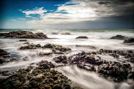 平静的大海, 海岩石, 惠灵顿, 岩石海滩, 长时间曝光, 海, 波