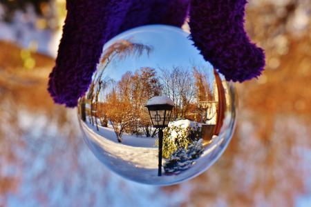 玻璃球, 透明, 灯笼, 镜像, 玻璃, 冬天, 雪