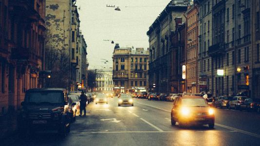 街道, 暮光之城, 车头灯, 俄罗斯圣彼得堡, 建筑, 道路