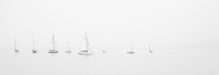 帆船, 帆船, 海洋, 小船, 有雾, 薄雾, 集团