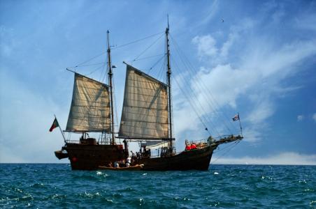 海盗船, 葡萄牙, 阿尔加维, 海, 波, 天空, 船舶