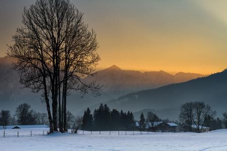 日落, fischbachau, 山脉, 雪景, 冬天, 高山, 冬日的阳光