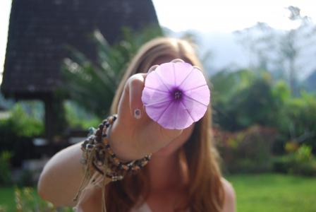 女孩, 雨伞, 花, 花园, 紫色