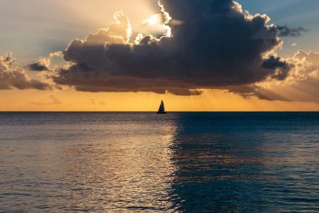 海上落日, 大西洋, 巴巴多斯, 帆船, 上帝射线, 日落, 海