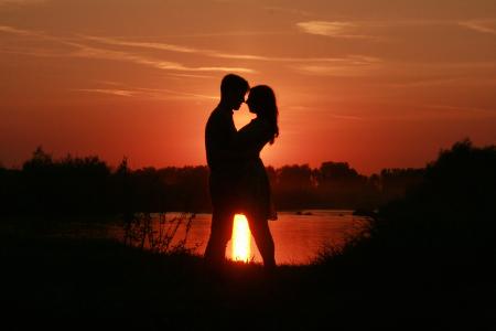 夫妇, 爱, 日落, 水, 太阳, 阴影, 浪漫