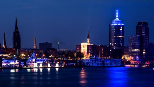 汉堡, sandtorhoeft, 蓝色端口, 德国, 晚上, 城市景观, 城市天际线