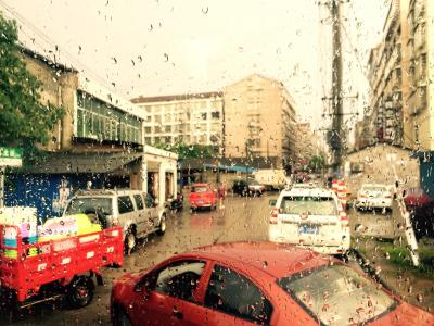 益阳市, 窗口, 雨, 道路, 街道, 汽车, 忙