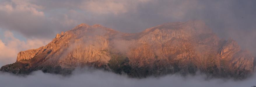 barcelonette, 日落, 3喷嘴, 法国, 山, 雾, 云彩