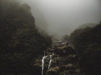 瀑布, 岩石, 小山, 山, 高地, 有雾, 景观