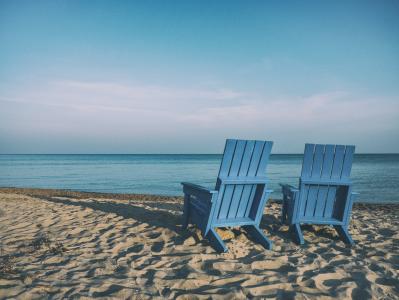 两个, 蓝色, 木制, 阿迪朗达克, 椅子, 海边, 海滩