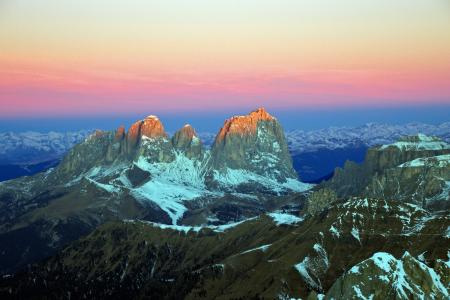 黎明, sassolungo, 白云岩, 加尔, marmolada 的日出, 意大利, 阿尔卑斯山