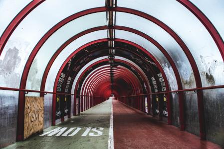 红色, 金属, 框架, 隧道, 磨砂, 玻璃, 缓慢