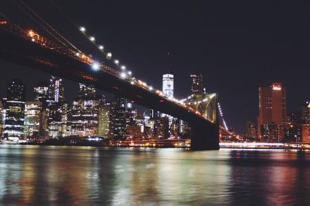 布鲁克林大桥, 纽约, 桥梁, 曼哈顿, 河, 城市, 天际线