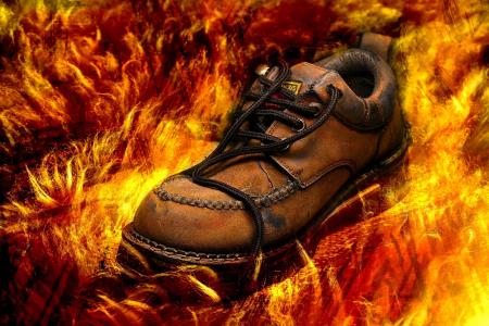 鞋子, 老, 徒步旅行鞋, 防火, 消防, 棕色, 皮革