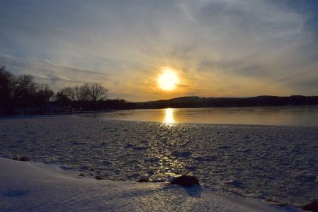 日落, 湖, 冬天, 雪, 冰, 树木, 水