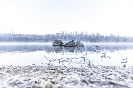 湖, 石头, 弗罗斯特, 雾, 感冒, 高键, 冰