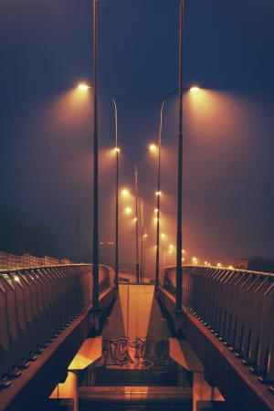 桥梁, 附近的, 道路, 晚上, 时间, 天空, 路灯