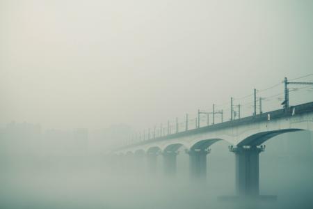 白色, 混凝土, 桥梁, 覆盖, 雾, 桥梁, 雾