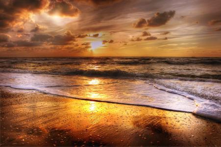 日落, 海滩, 海, 太阳, abendstimmung, 云彩, 余辉