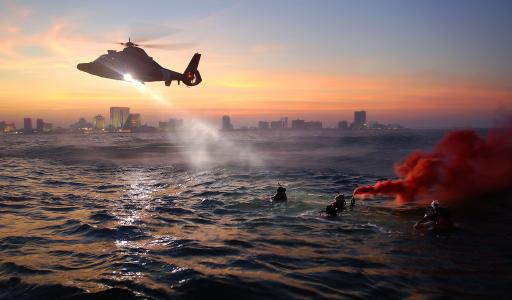 直升机, 海岸警卫队, 救援培训, 锻炼, 海, 水, 游泳