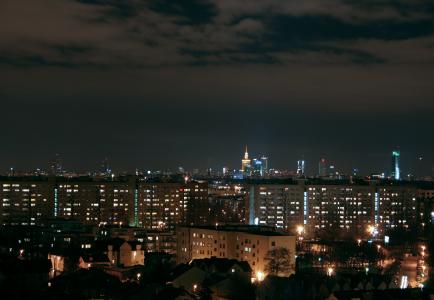 华沙, 波兰, 城市, 全景, 晚上, 光, 集聚