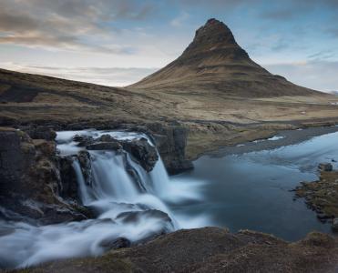 冰岛, kirkjufellsfoss, goldenhours, longexposure, 瀑布, 山脉, 基尔丘山