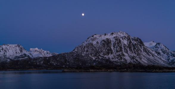 挪威, 晚上, 月亮, 峡湾, 欧洲, 旅行, 天空