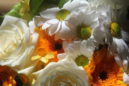 束鲜花, 花束, 白色, 橙色, 黄色, 花, 绽放