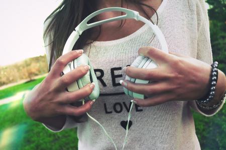 耳机, 音乐, 手, 女孩, 女人, 人, 生活方式