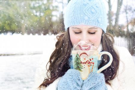 冬天, 雪, 漂亮的女人, 热巧克力, 咖啡, 感冒, 赛季