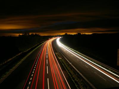 方式, 公路, 灯, 长时间曝光, 晚上, 道路, 运输