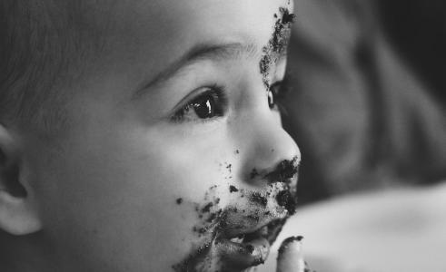 孩子, 宝贝, 可爱, 巧克力, 蛋糕, 嘴里, 糖果