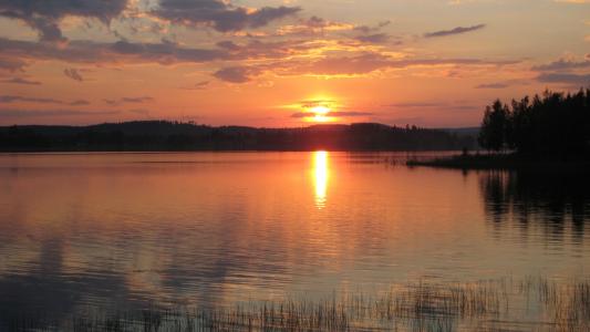 日落, 芬兰, abendstimmung, 湖, 河, 橙色的天空