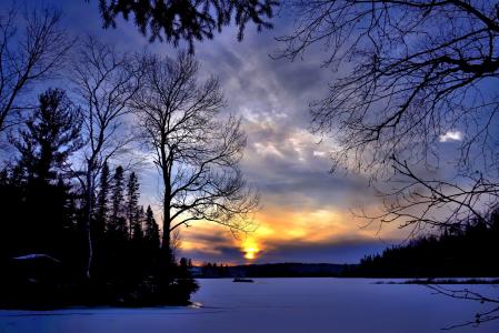 冬季景观, 日落, 晚上, 云彩, 雪, 天空, 暮光之城