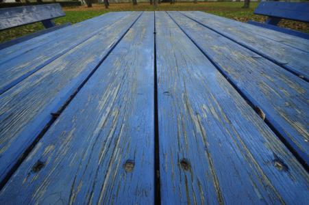 蓝色, 木材, 表, 老, 破解, 花园, 庭院长凳