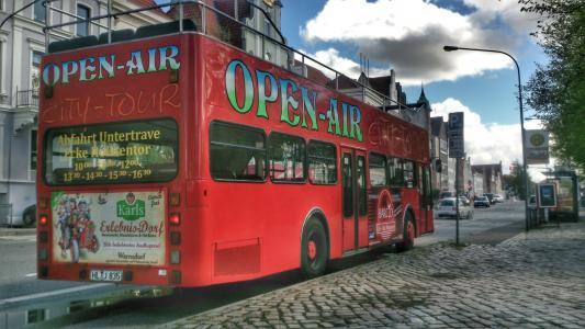 公共汽车, 双层, 在顶部打开, 红色, 吕贝克, 城市, 复古