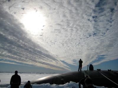 潜艇, 北极, 北极, 出现, 冰, 天空, 云彩