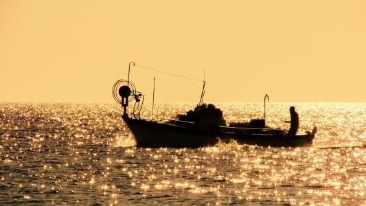 塞浦路斯, 阿依纳帕, 渔船, 日落, 下午, 海, 黄金