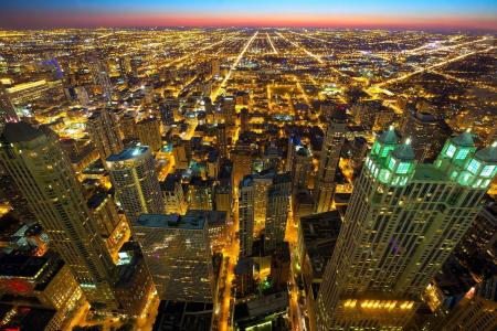 天际线, 夜晚的城市, 芝加哥天际线, 日落, 地平线, 城市景观, 城市