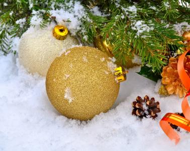 新的一年, 圣诞节, 假日, 背景, 球, 树, 雪