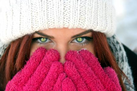 女孩, 绿色的眼睛, 红头发, 美, 冬天, 手套, 妇女