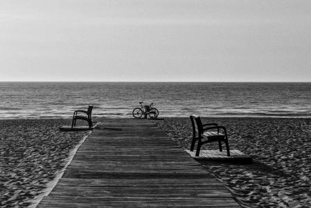 海滩, 长椅, 自行车, 自行车, 海洋, 沙子, 海