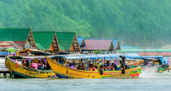 泰国, 攀, 漂浮渔村, 普吉岛, 五颜六色的小船, 海, 村庄