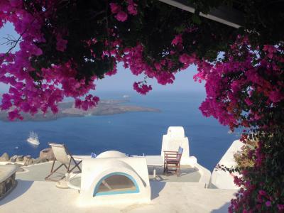 岛屿, 希腊, 圣托里尼岛, 花, 蓝色, 旅行, 海