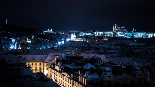 布拉格, 晚上, 雪, 冬天, 灯, 城市, 历史