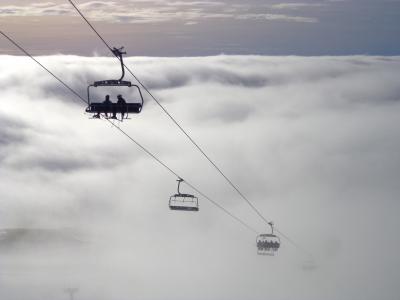 滑雪, slovenija, 雾, 您可以乘坐缆车, 日落, 云彩, 冬天