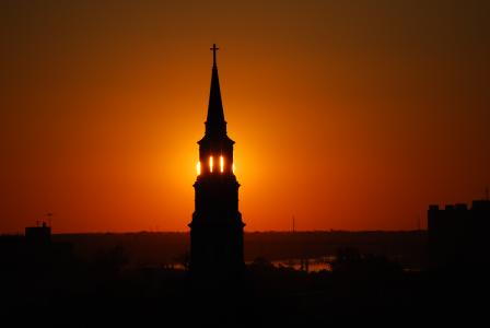 教会, 尖塔, 塔尖, 查尔斯顿, 南卡罗来纳州, 日落, 橙色