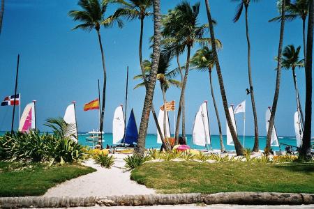 多米尼加共和国, 加勒比海, 海, 海滩, 棕榈树, 帆船, 小船